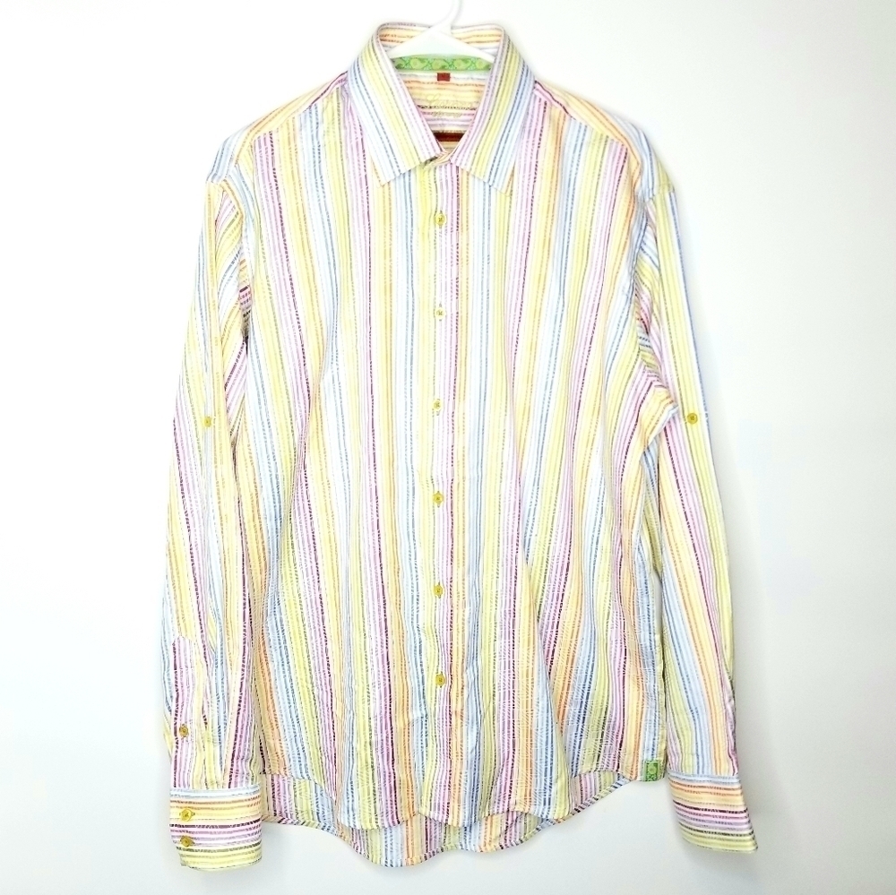 Luchiano Visconti Mens Rainbow  Roll-up Longsleeve Buttondown Casual Shirt, L